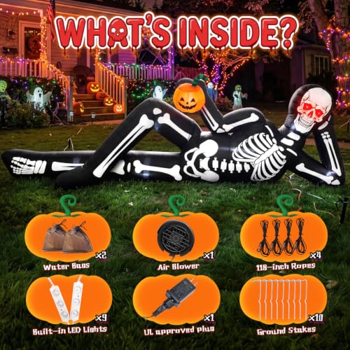 12FT Inflatable Halloween Skeleton Decoration with Glowing Red Eyes and Pumpkin Trunk