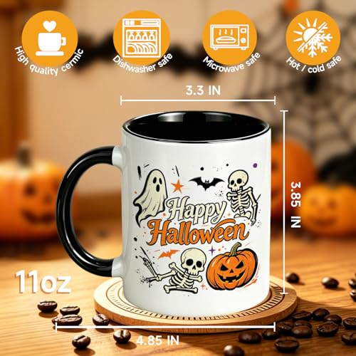 Halloween Coffee Mug with Ghost Skeleton Pumpkin Bat Design - Happy Halloween Black 11oz