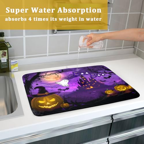 Halloween 18x24 Inch Pumpkin Lantern Ghost Bat Castle Microfiber Dish Drying Mat