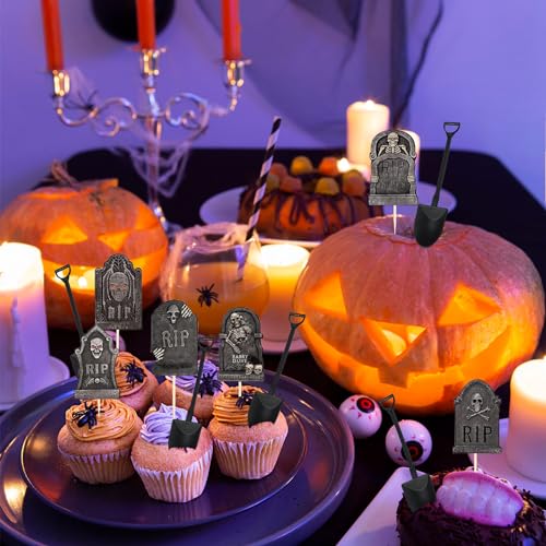 Halloween Tombstone Cupcake Toppers with Mini Shovel Spoons - 48 Pieces