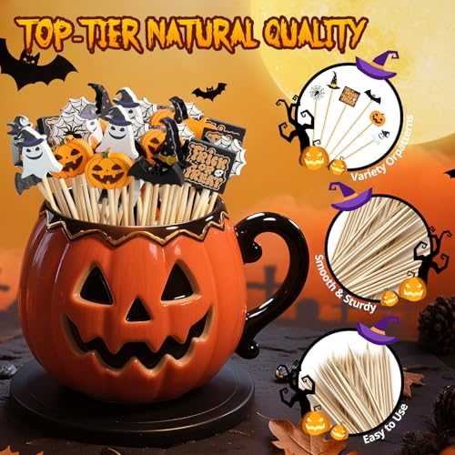 Halloween Cocktail Picks Set - 6 Unique Bamboo Toothpick Decorations for Parties