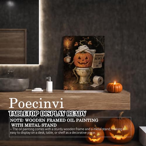 Halloween Pumpkin Bathroom Canvas Wall Art Framed 15x12 Inch - Poecinvi