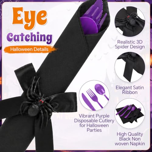 Halloween Spider Themed Disposable Cutlery Set - Black and Purple, 30 Pieces