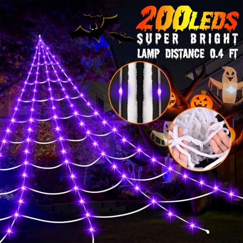 Purple Lighted Spider Web Kit with 200 LEDs, 16.4Ft Outdoor Halloween Decoration - Without Spider