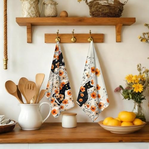 Black Cat Kitchen Towels Set of 4 - 16x24 Orange Floral Hand & Tea Towels