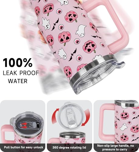 Halloween 40oz Ghost Tumbler with Handle & Straw - Pink & White Spooky Bat Leak-Proof Drinkware