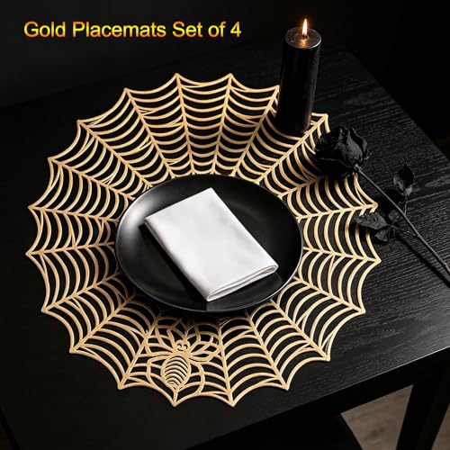 Gold Spider Web Placemats Set of 4 - Round Halloween Table Decor