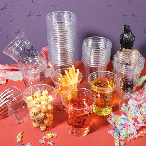 48 Pack Halloween Plastic Cups - 16 oz Skull Design Disposable Party Cups