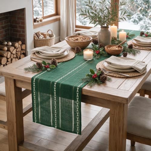 Green Rustic Cotton Linen Christmas Table Runner - 13x36 Inch Seasonal Decor