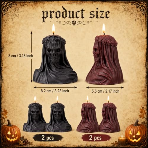 Halloween Skull Candles - Gothic Veiled Skeleton Decor, Red & Black Set