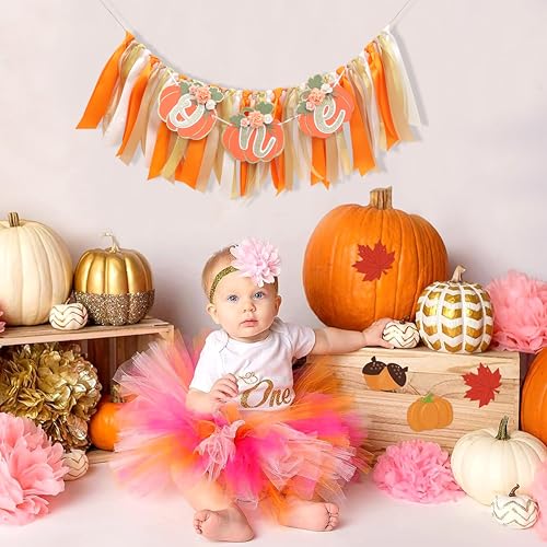 First Birthday Pumpkin High Chair Banner for Fall & Halloween Party - Orange Ribbon Decor