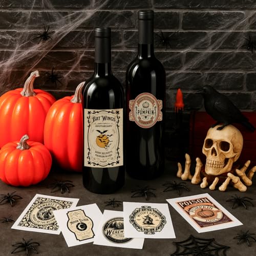Halloween Wine Bottle Labels - Gothic Party Decorations for Wine Bottles, Set of 36