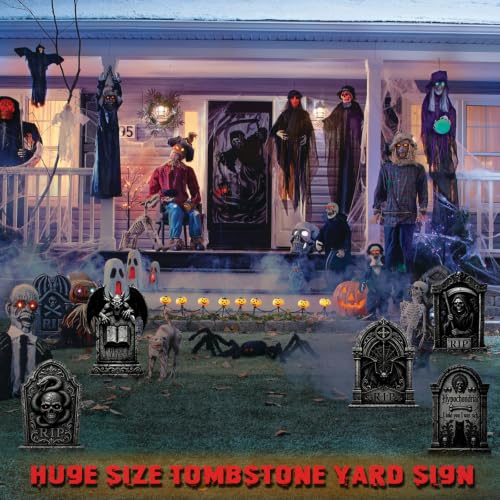 Halloween Tombstone Yard Decorations 5 Pack - 25.6 Inch Plastic Gravestones with Metal Stakes for Outdoor Cemetery Scene