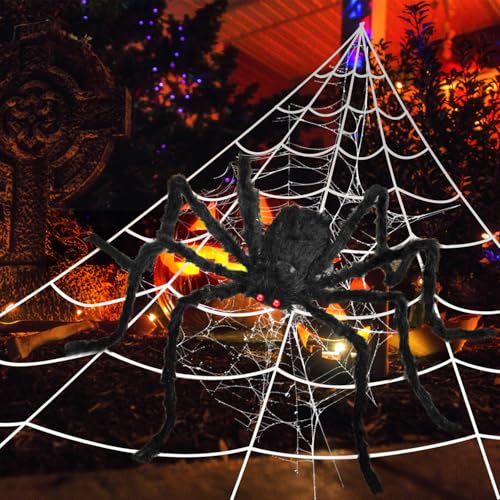 Halloween Spider Web Set with 59-Inch Fake Spider and 20 Mini Spiders - Indoor Outdoor Decor