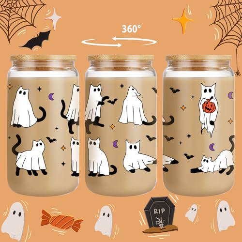 Halloween Cat Ghost Glass Cup with Lid and Straw - Spooky Cute Party Drinkware