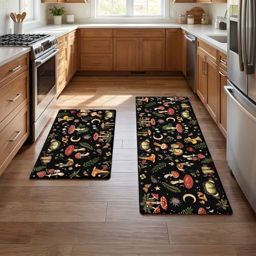 Anti-Fatigue Mushroom Kitchen Mats Set - Black 46x17 & 29x17 Inches with Non-Slip Waterproof Backing