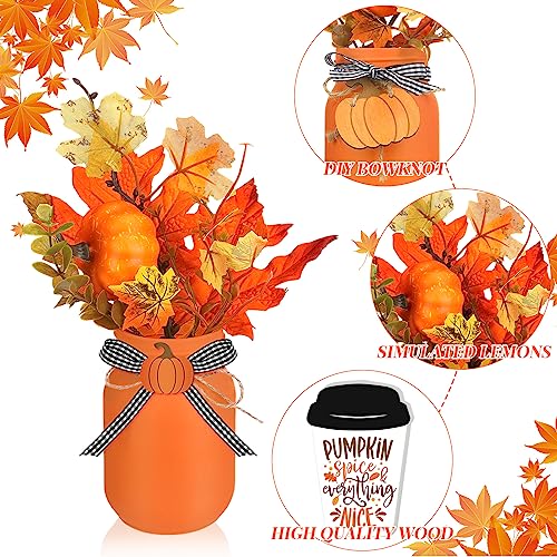 Fall Mason Jar Centerpieces with Pumpkin Leaf Wooden Sign - Rustic Home Decor