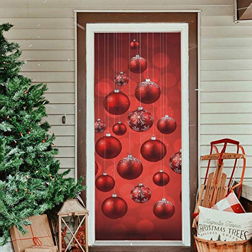 Door Cover Decoration 32 x 79 Inches - Festive Red Christmas Balls, Indoor Outdoor Porch Decor, Easy to Apply