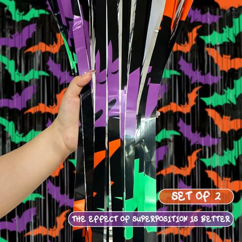 Bat Foil Fringe Curtains - Purple, Green, Orange Halloween Door Streamers for Photo Backdrop
