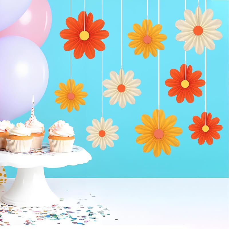 9 Pack Paper Fan Decorations with Orange Flowers for Parties & Holidays