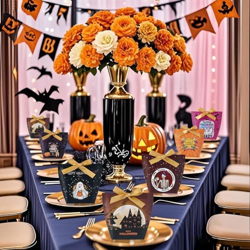 Halloween Treat Boxes with Ribbons - 24 Pack Festive Gift & Goodie Boxes - Variety of Designs