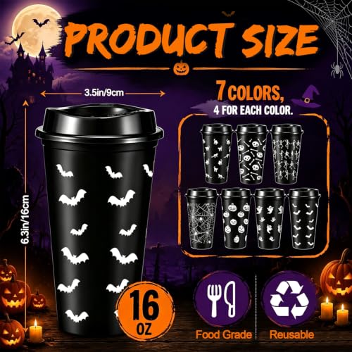Halloween Reusable Plastic Cups Bulk 16 oz with Lids - Spooky Pattern Set