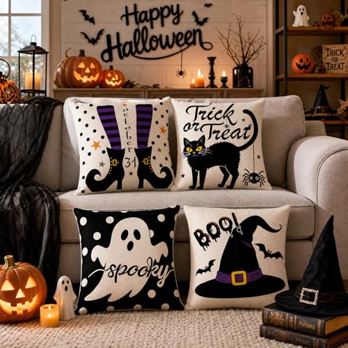 Purple Halloween Pillow Covers 16x16 Set of 4 - Spooky Fall Home Decor