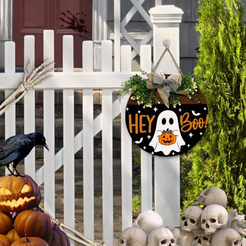 Halloween Door Sign Outdoor Decor Ghost Pumpkin Wreath - Hey Boo Variation