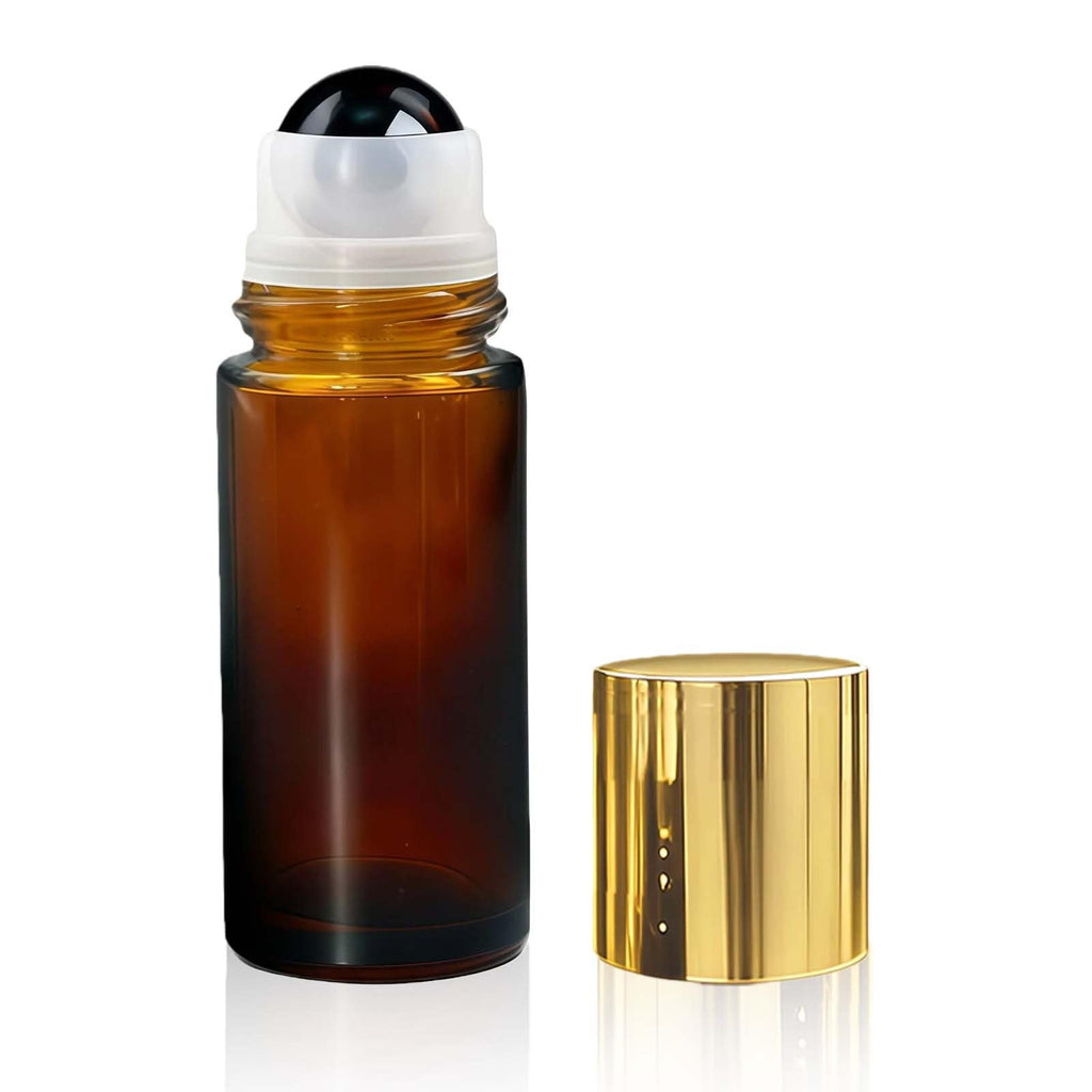 Warmify Obsidian Roller Bottles for Essential Oils, 50ml Refillable Amber Glass Roll On Bottles with Natural Crystal Roller Balls, Leak-Proof Travel Perfume Bottle with Gold Caps