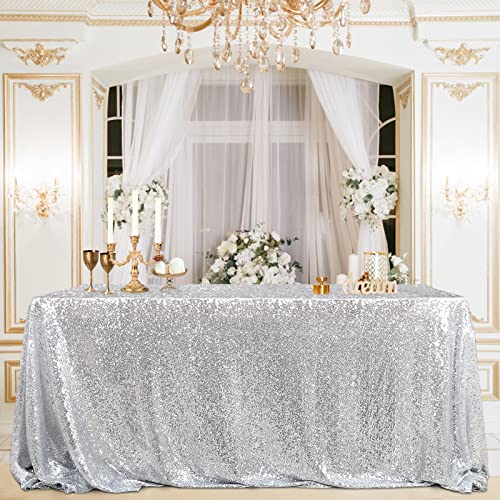 90x156 Inch Silver Sequin Table Cloth - Rectangular Holiday & Party Decor