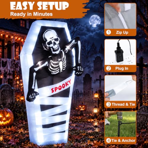 7FT Lighted Inflatable Halloween Tombstone with Skeleton and Coffin