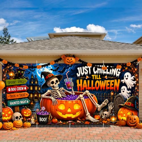 Halloween Garage Door Banner 7x16ft - Just Chilling Till Halloween Outdoor Decor - Ghost & Skeleton Pumpkin Double Garage Cover - Variation 255