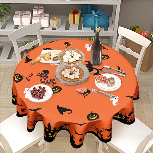 Halloween Round Tablecloth 60 Inch Orange with Haunted House & Bats - Fall Leaves Variation