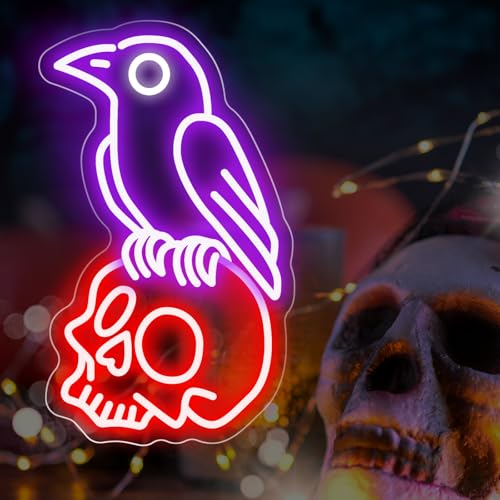 Gothic Raven on Skull Neon Sign - Purple & Red Skeleton LED Wall Light - Variation of Raven Skull-Purple Red