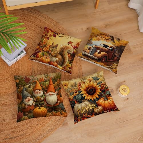 Set of 4 Fall Pumpkin and Sunflower Pillow Covers 22x22 Inches - Autumn Thanksgiving Decor