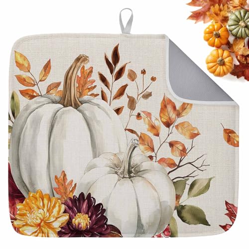Fall Dish Drying Mat White Pumpkin Red Orange 18x24 Inch Thanksgiving Kitchen Decor