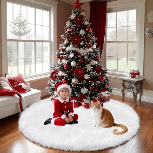 60 Inch White Faux Fur Christmas Tree Skirt – Large Snow White Holiday Decor