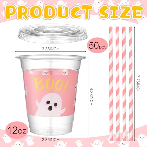 Pink Halloween Ghost Plastic Cups with Lids & Straws - 50 Pcs Party Supplies