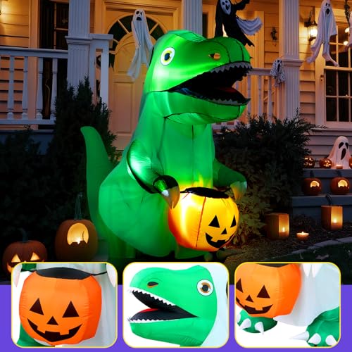 6 Ft Halloween Inflatable Ghost Dinosaur with Pumpkin LED Decor - Spooky Yard Decoration
