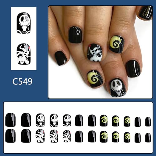 Halloween Press on Nails Short Square Black Fake Nails with Designs - Halloween Nails14
