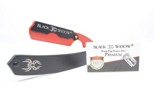 Black Widow Professional Barber Straight Edge Razor – Stainless Steel Shavette, 1.5 mm Blade Exposure, Matte Black & Red, 10 Double Edge Blades (20 Single-Edge) for Lineups & Beard Shaping