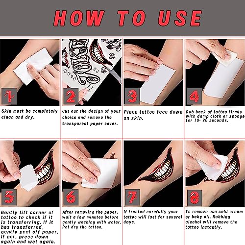 Halloween Joker Temporary Tattoos Sticker Set - Black, 4 Sheets for Men & Women