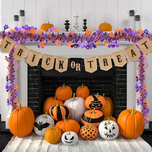 Halloween Tinsel Garland Party Decorations - 33FT Orange Purple Black with Pumpkins & Bats - Indoor Outdoor Decor