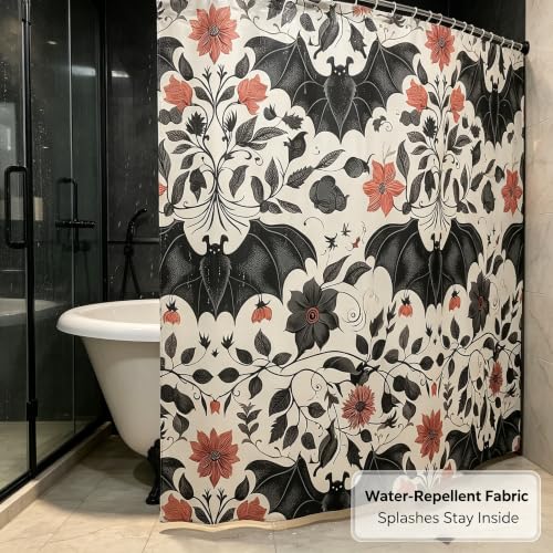 Halloween Bat Shower Curtain Set - Gothic Boho Floral Victorian Bathroom Decor - Black Red, 72x72 Inches