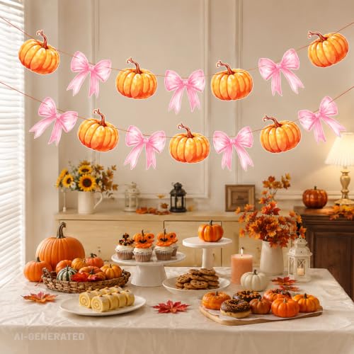 Autumn Pumpkin Banner with Pink Bows - Halloween & Fall Party Decor, 2 Pieces