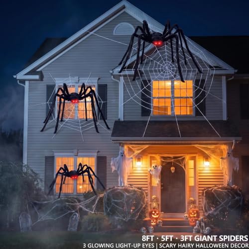 Giant Black Spider Family Set - 8Ft, 5Ft & 3Ft Halloween Decorations with Glowing Eyes