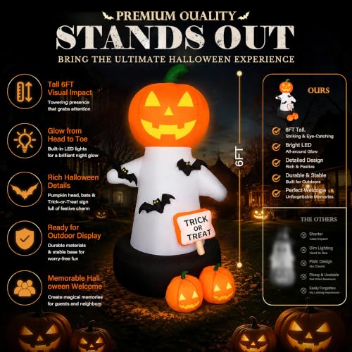 White 6 Ft Tall Halloween Inflatable Pumpkin with Bat & Trick or Treat LED Decor