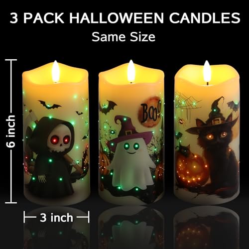 Halloween Fiber Optic Flameless Candle Set - Reaper, Cat, Ghost with Remote Control