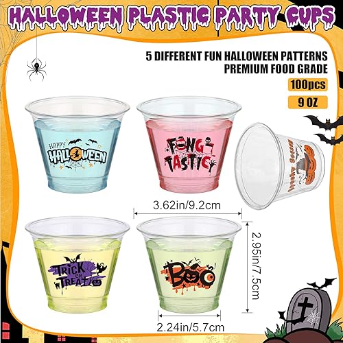 Halloween Party Cups Set - 100 Clear 9 oz Disposable Plastic Cups with Spooky Designs