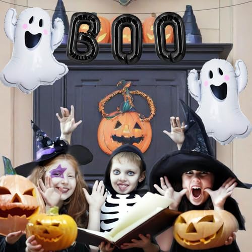 Ghost Boo Halloween Balloons Set - 16 Inch Black & Ghosts Balloon - Spooky Party Decorations - Variation of Ghost Boo